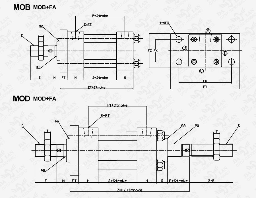大兰方型MOB系列前法兰型油压缸尺寸