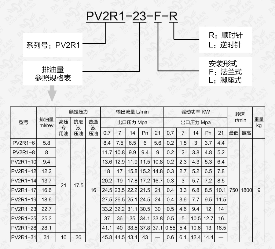 大兰PV2R1系列定量叶片泵型号说明