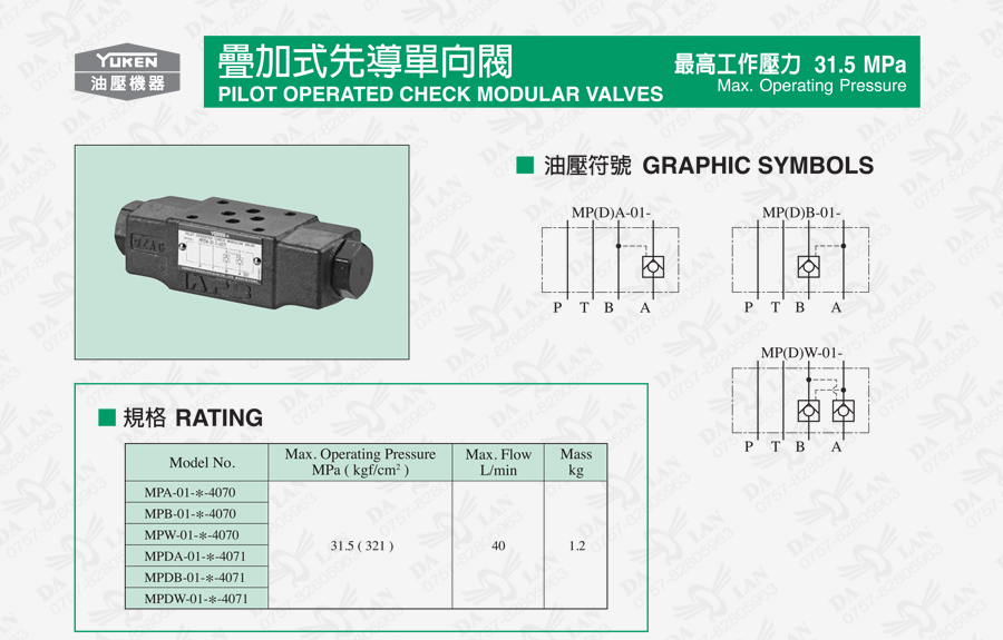 大兰液压油研MPW叠加式液控单向阀型号尺寸说明